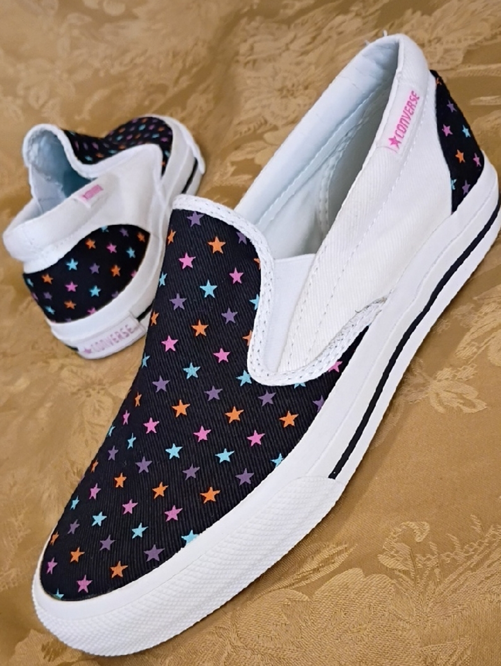 CONVERSE Star Slip-On Sneakers in Black with Multi Stars Women's 8.5 Men's 6.5